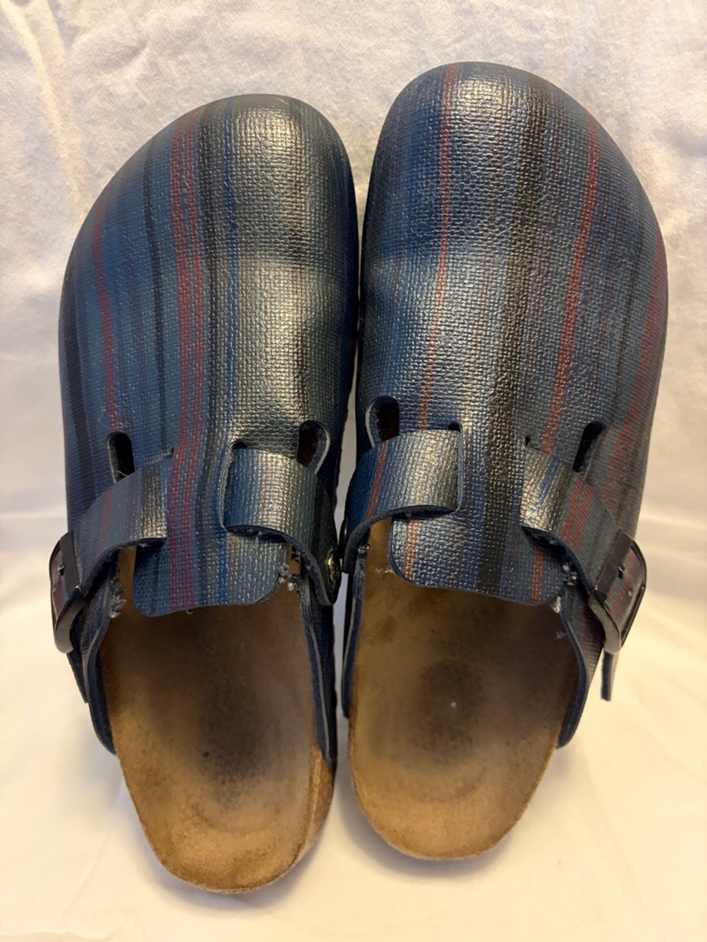 Papillio Clogs- blue with black and red stripes, cork sole.